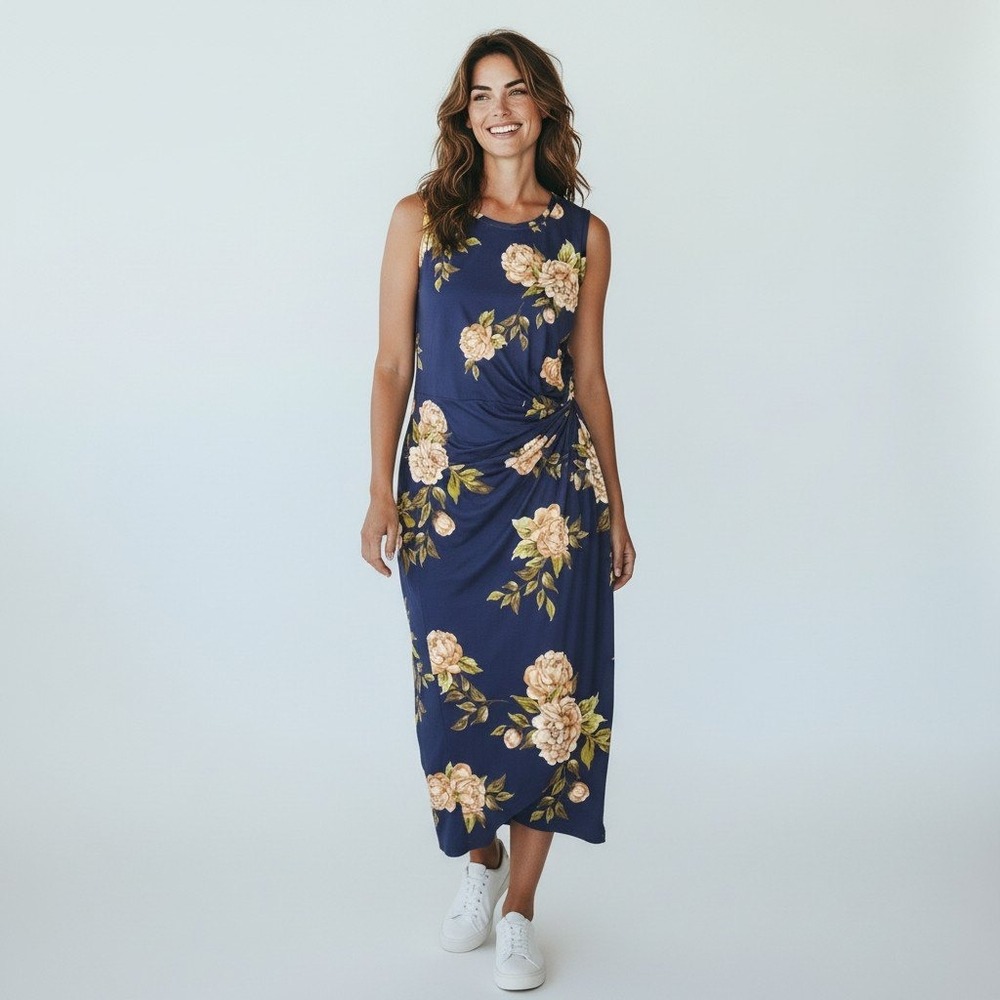 Nine Britton Abigail Brushed Knit Midi Dress Navy Blue Floral XXL 100278-970 NWT